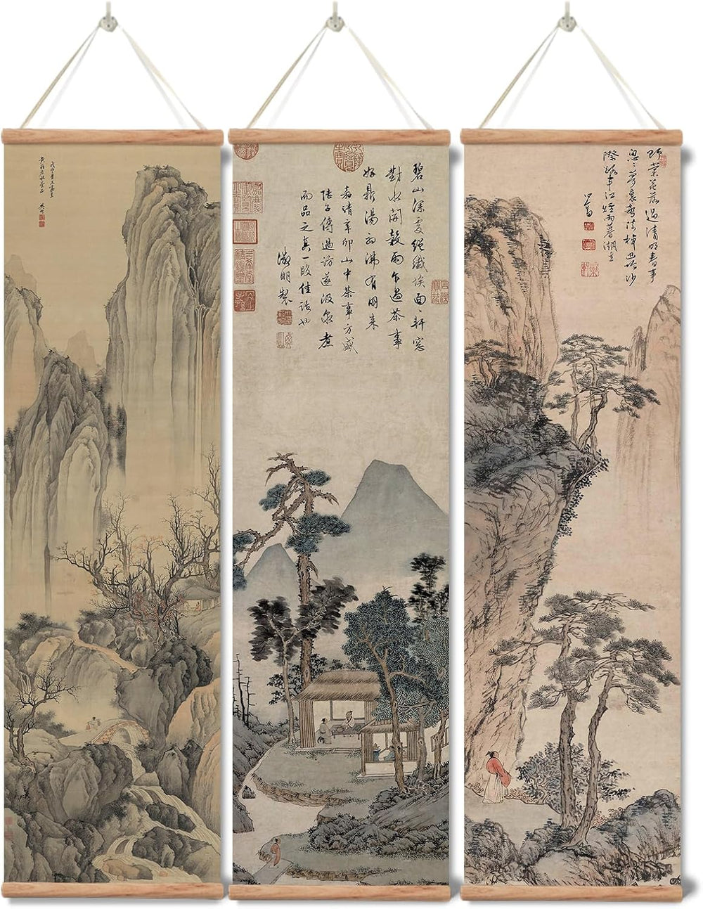 xinyuru Chinese Ancient Landscape Scroll Wall Art Poster, 3-Piece Set