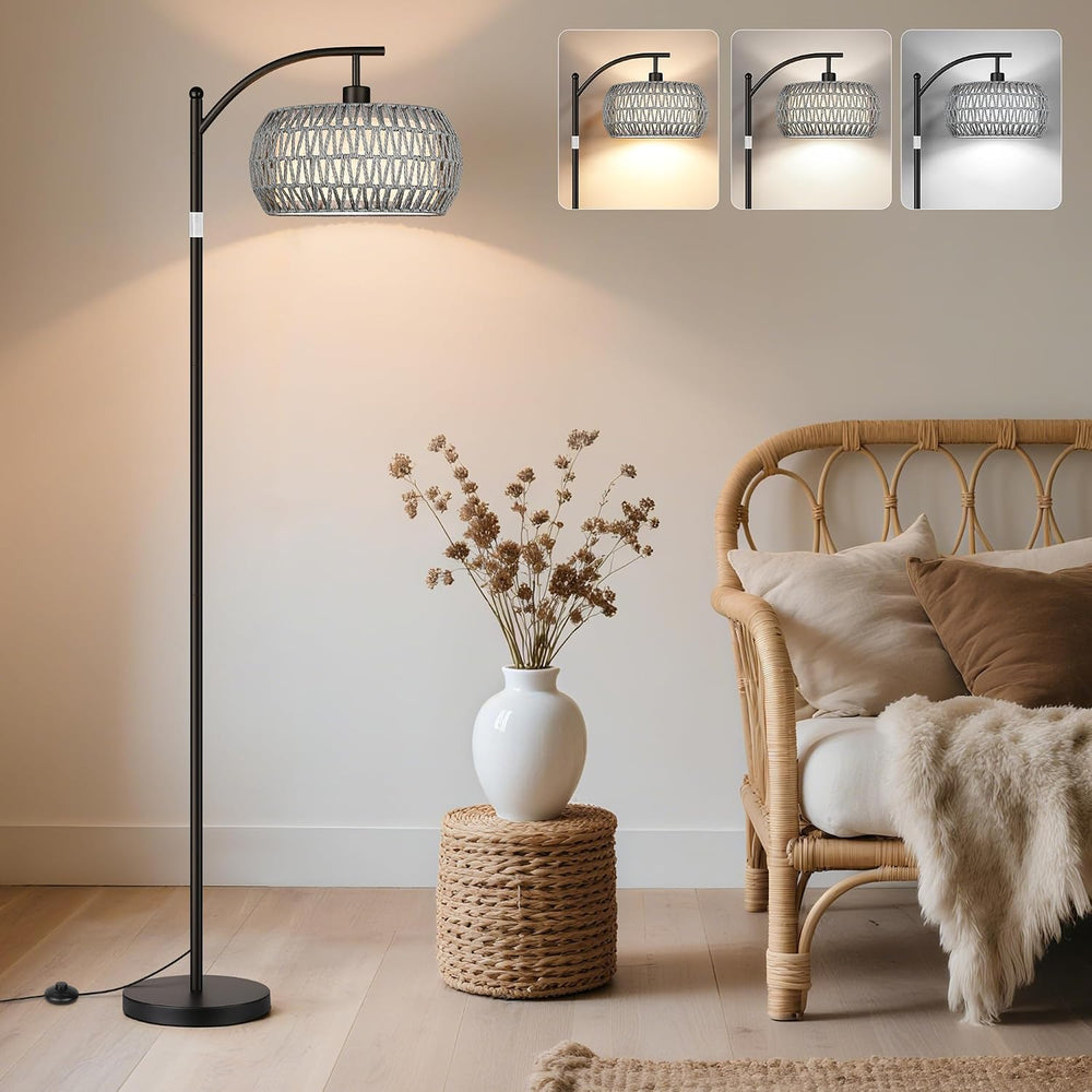 Rattan Floor Lamps for Living Room, Boho Standing Lamps with Grey Rattan&...