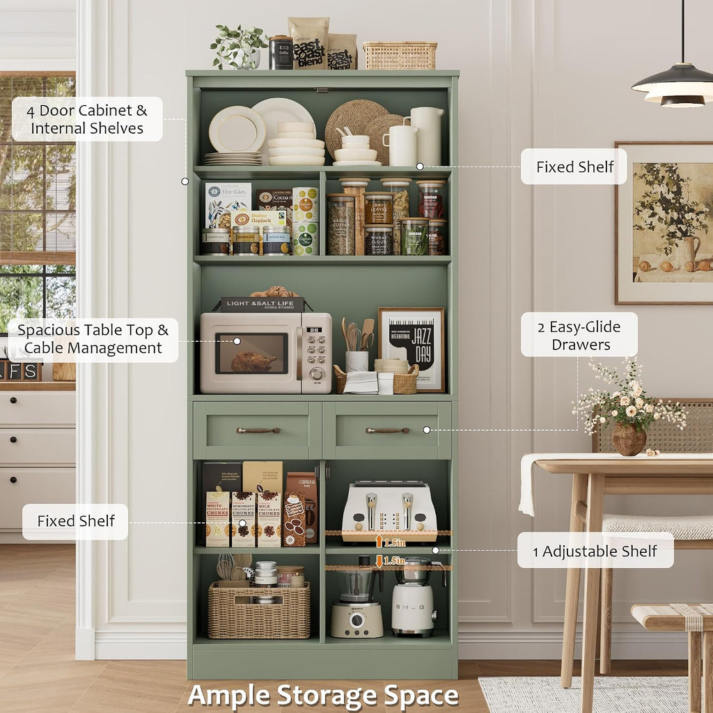 HOSTACK 71" Tall Kitchen Pantry Storage Cabinet, Wood Kitchen Hutch, Green