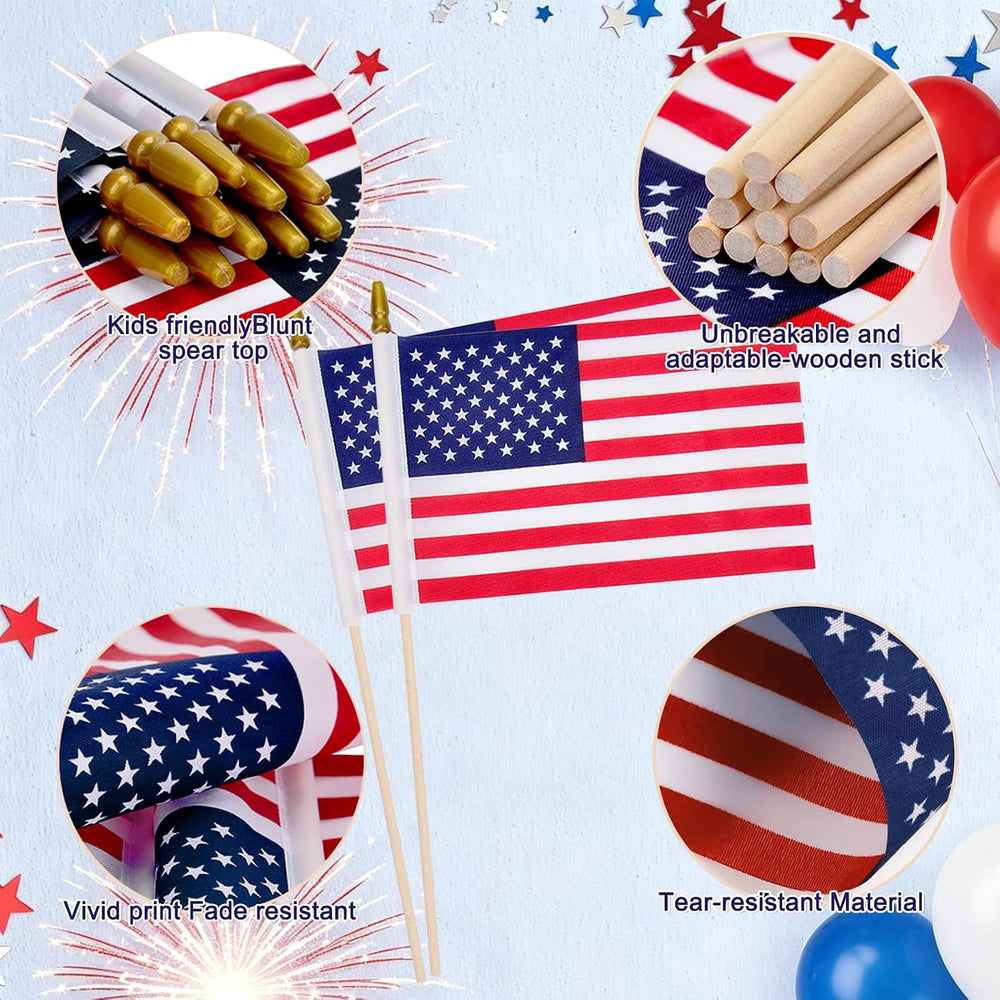 100 Pcs 8x12 Inch Small American Flags on Stick, Small US Flags for Outside