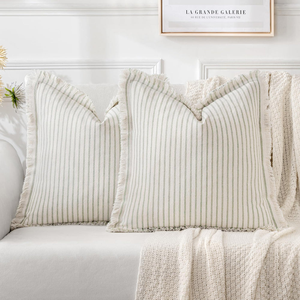 MIULEE Sage Green Striped Decorative Throw Pillow Covers, 18x18