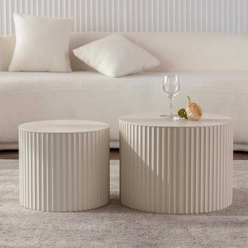 Nesting Round Coffee Table Set of 2, Accent End Table for Small Spaces, Morden Drum Side Table, Wooden Circle Center Table for Living Room, Fully Assembled - Cream White