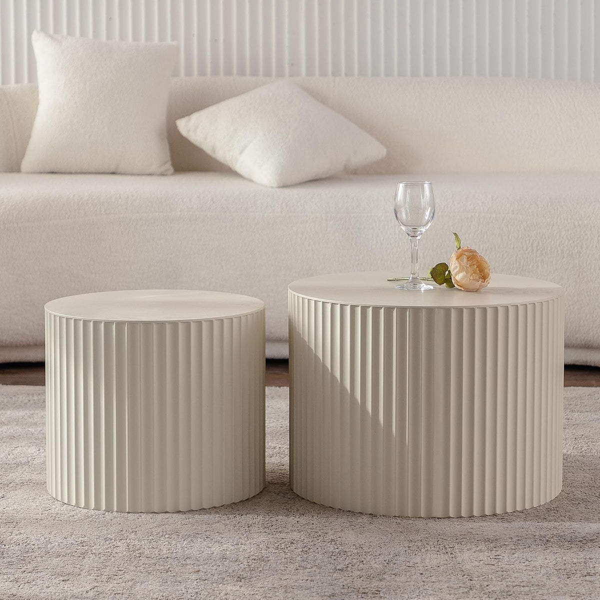 Nesting Round Coffee Table Set of 2, Accent End Table for Small Spaces, Morden Drum Side Table, Wooden Circle Center Table for Living Room, Fully Assembled - Cream White