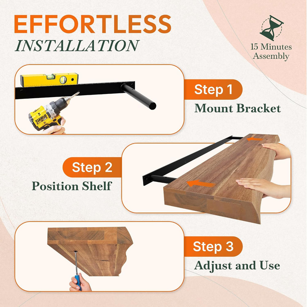 Howizz 24'' Live Edge Floating Shelves for Wall, Acacia Wood Wall Mou...