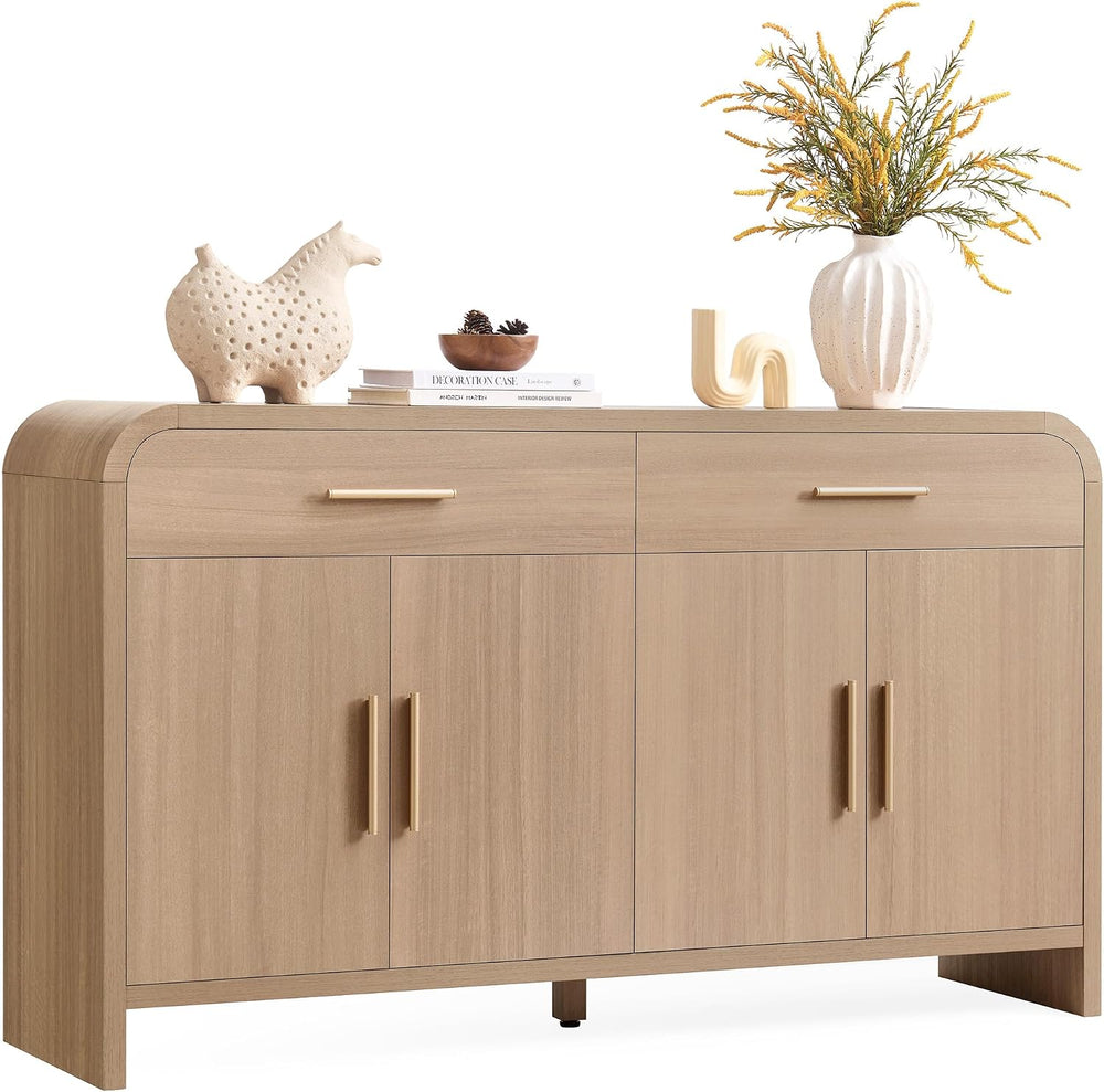59" Sideboard Buffet Cabinet with Storage, 4 Doors Wood Cabinet Natural Oak