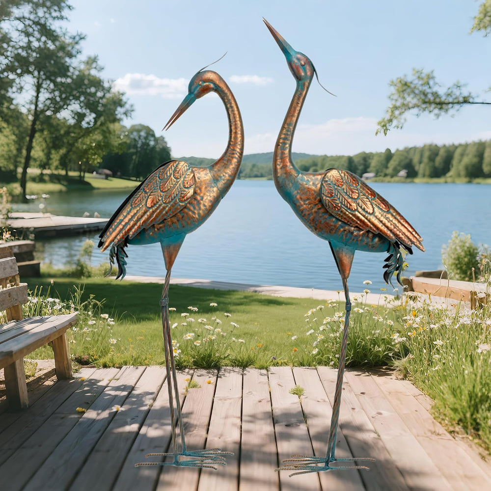 chisheen Garden Crane Statues Blue Heron Metal Yard Art Outdoor Decoration,La...