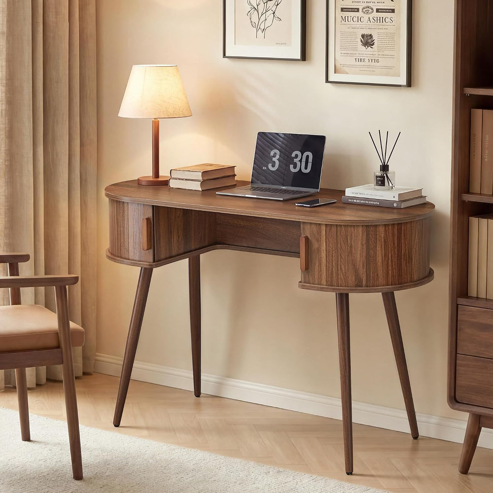 AVZEAR 43" Oval Fluted Home Office Desk, Small Writing Computer Desk,Walnut
