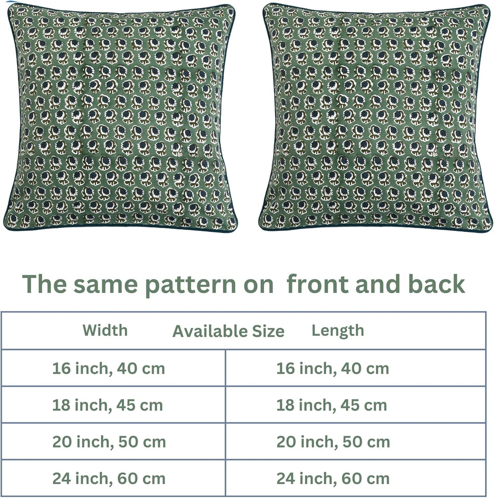Ridhi Basil Green Hand Block Print Cotton Pillow Cover 18x18 Inch Set of 2