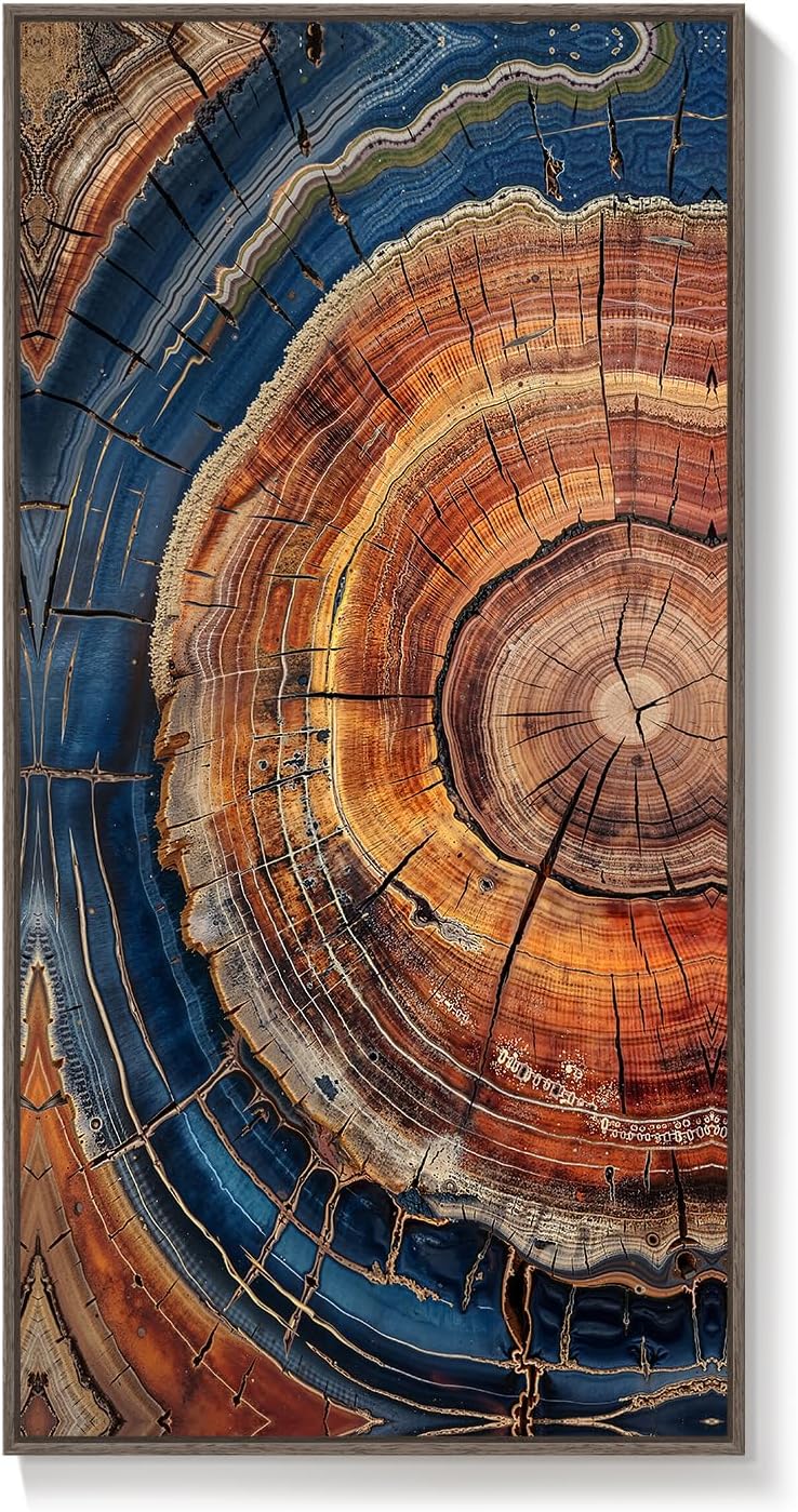 Framed Vertical Vintage Rustic Tree Ring Wall Art for Living Room, 20x40 In