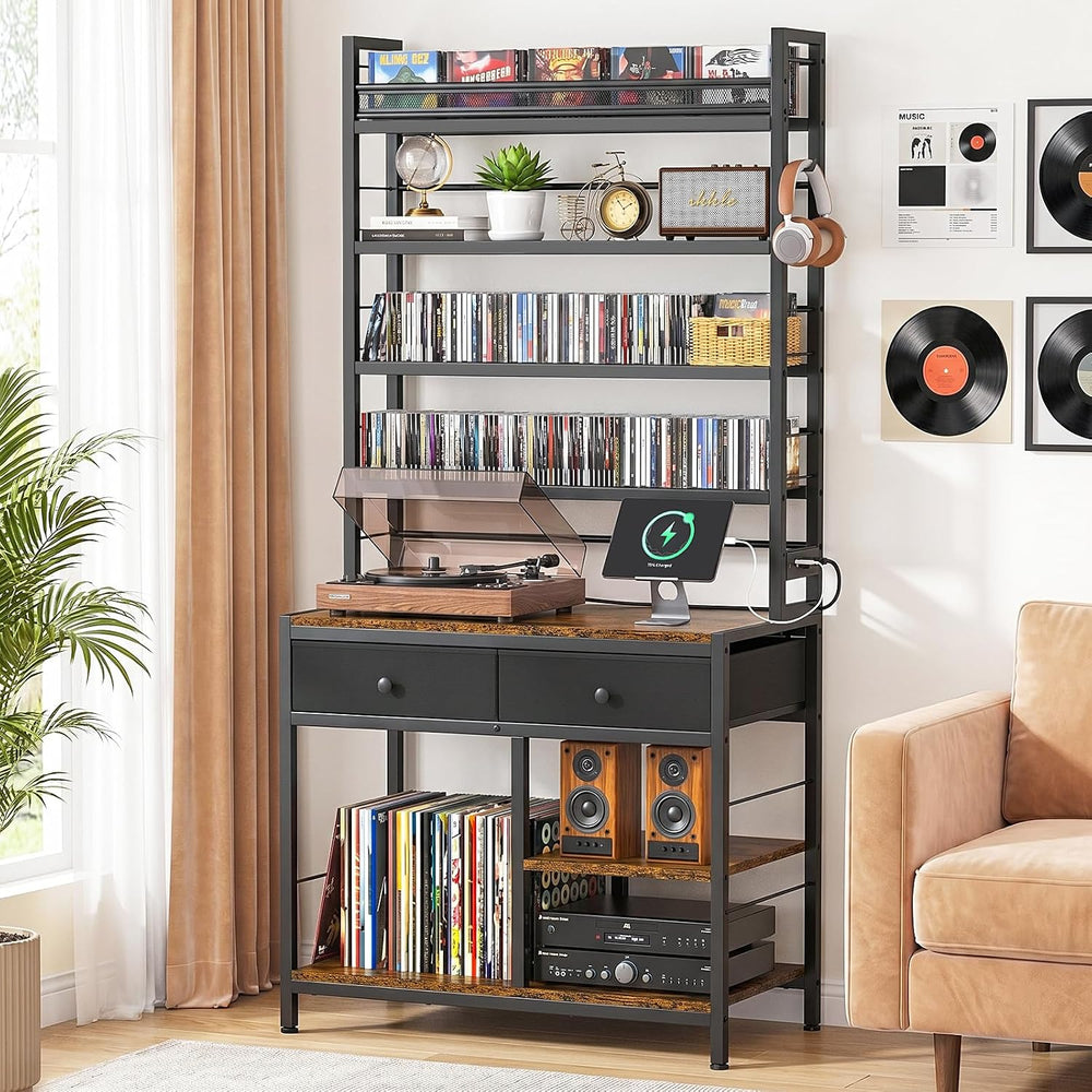 ikkle Tall CD Rack with Power Outlet & Drawers, 8-Tier DVD Storage Shelf