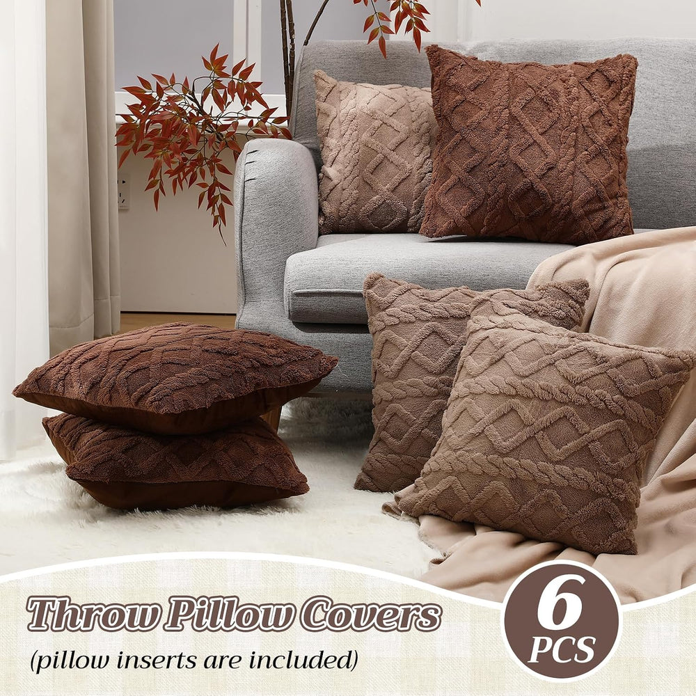 6 Pcs Faux Fur Decorative Pillow Covers 18x18 in, Brown, Gray