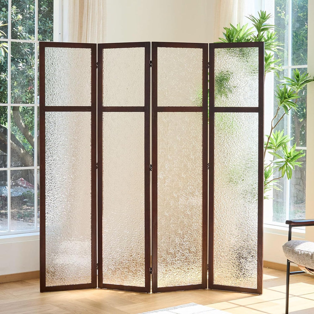 Svimi Acrylic Room Divider, Frosted 4-Panel Folding Screen, Walnut