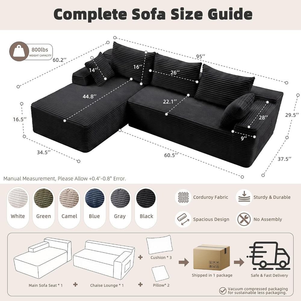 95" L‑Shaped Modular Cloud Corduroy Boneless Sectional Sofa for Living Room