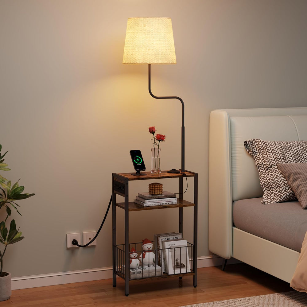 HavenlyYouth Floor Lamp with Table & Storage Baskets, End Table with 3 Co...