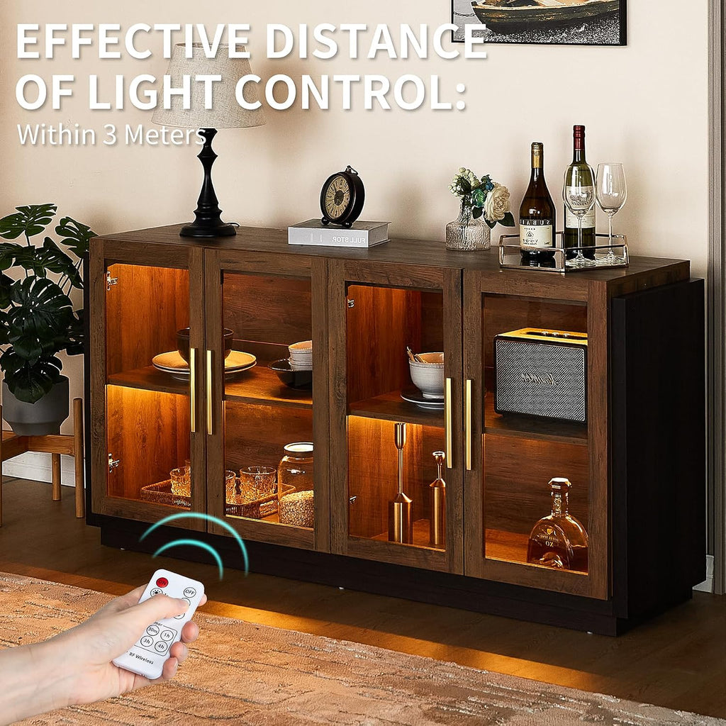 LUXOAK 64" Sideboard Buffet Cabinet with Glass Doors & LED Lights, Brown