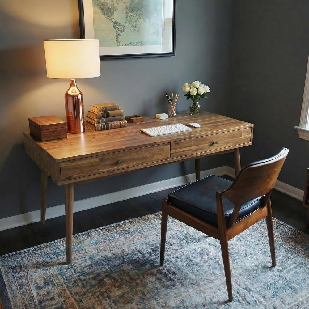 Acacia Lagom 48" Solid Wood Work Desk with Drawers, Home Office Desk Off...