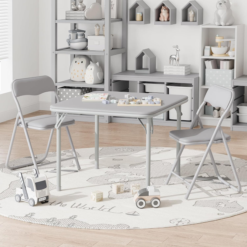 IDEALHOUSE Boys and Girls Folding Table and Chairs Set of 3, Portable Table and Chair with Pu Soft Cushion,Suitable for Eating,Reading and Playing (Grey)