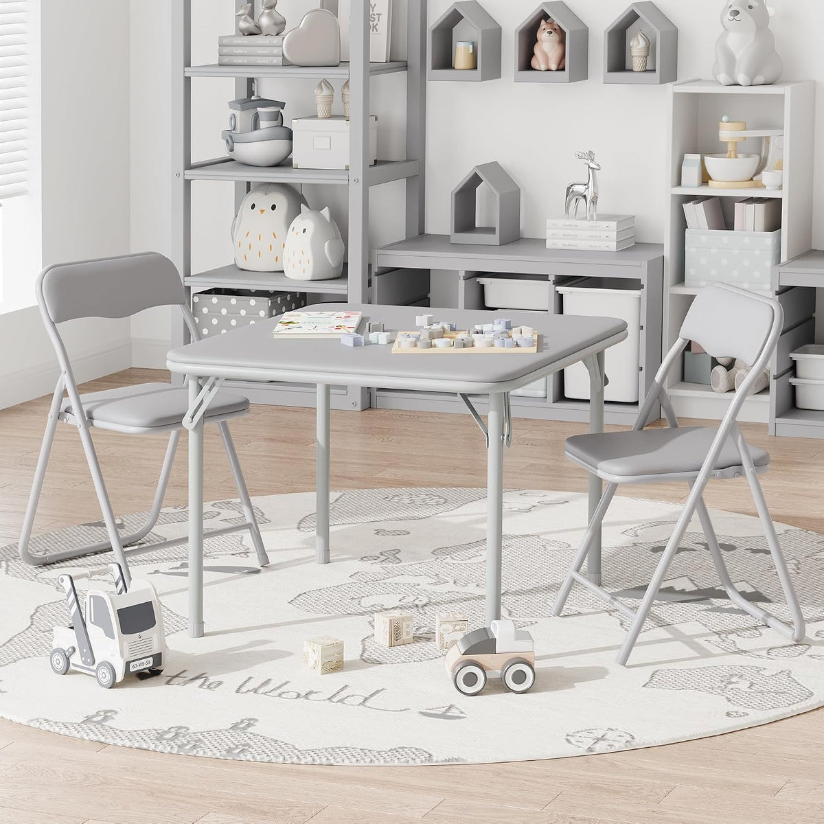 IDEALHOUSE Boys and Girls Folding Table and Chairs Set of 3, Portable Table and Chair with Pu Soft Cushion,Suitable for Eating,Reading and Playing (Grey)