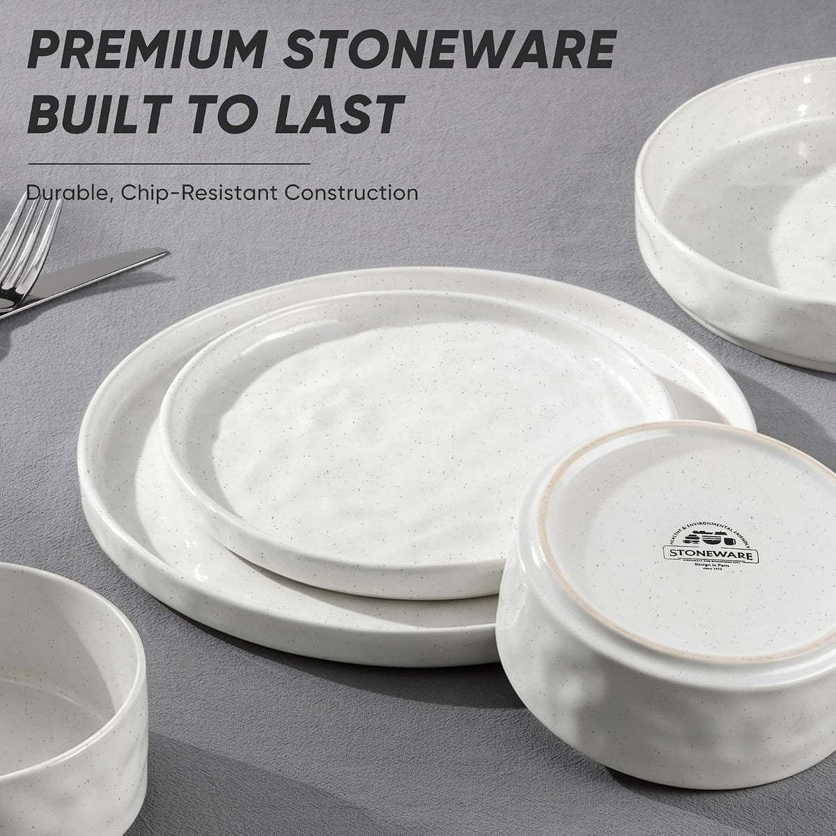 E-far Stoneware Dinnerware Set, 12-Piece White Plates and Bowls Sets for 4