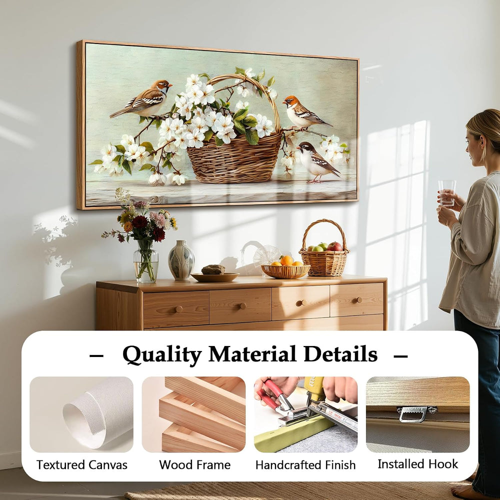 Kinetrix Farmhouse Floral Bird Framed Wall Art Large Flower Decor Neutral