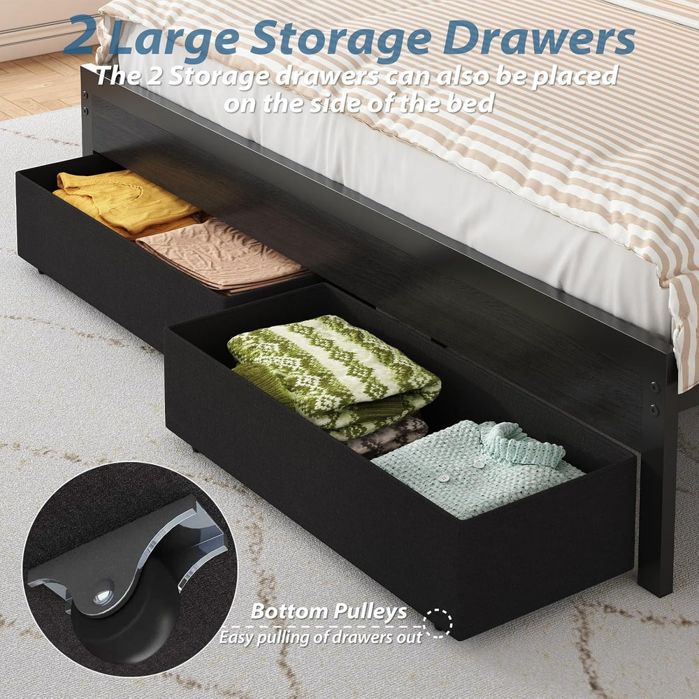 Full Bed Frame with Storage Headboard, Upholstered Black Bed Frame with 4 Dra...