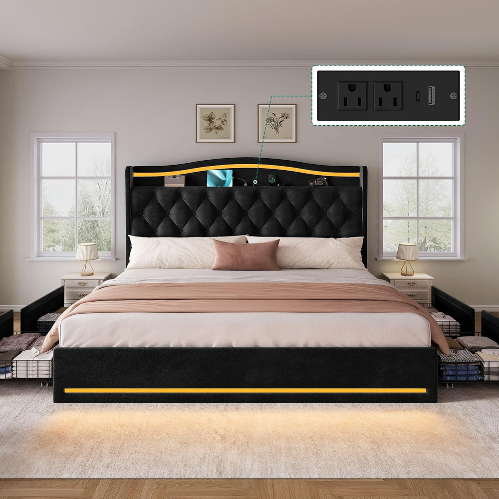 DWVO King Size Bed Frame with 4 Storage Drawers and RGB LED Lights
