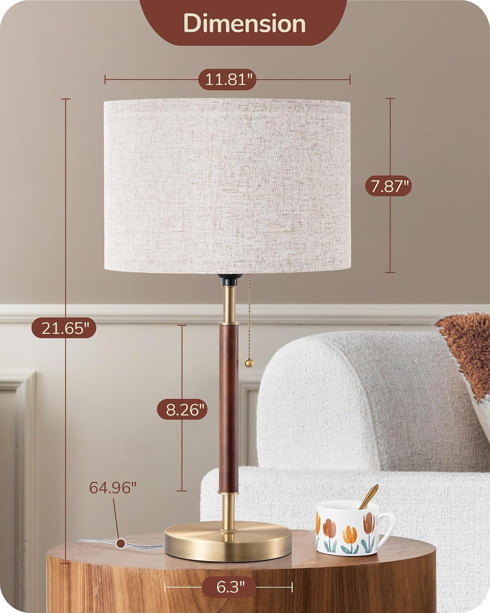 EDISHINE Mid Century Table Lamp, Bedside Lamp with Pull Chain Switch, E26