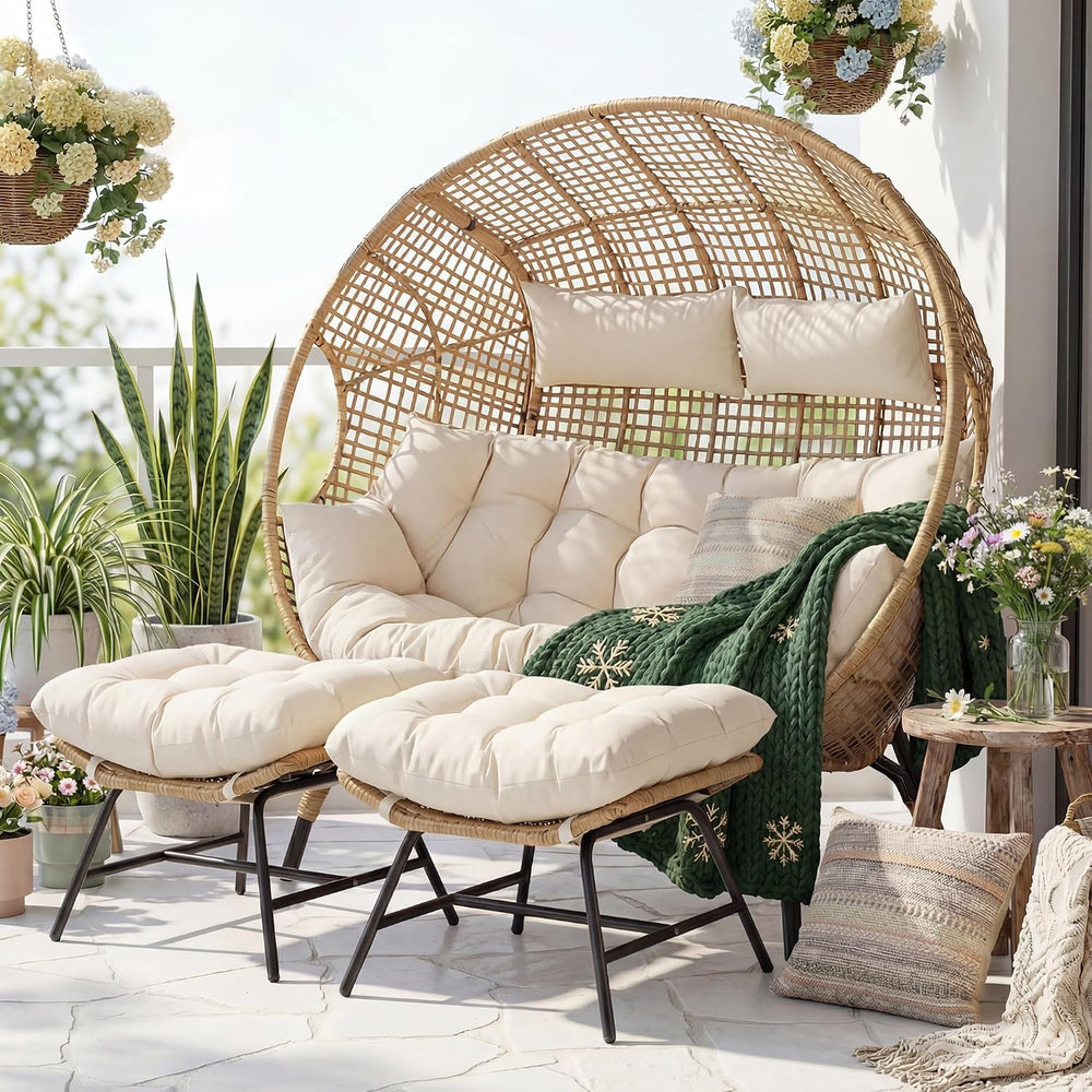 RADIATA Double Egg Chair with Ottoman, 2 Person Outdoor Wicker Loveseat