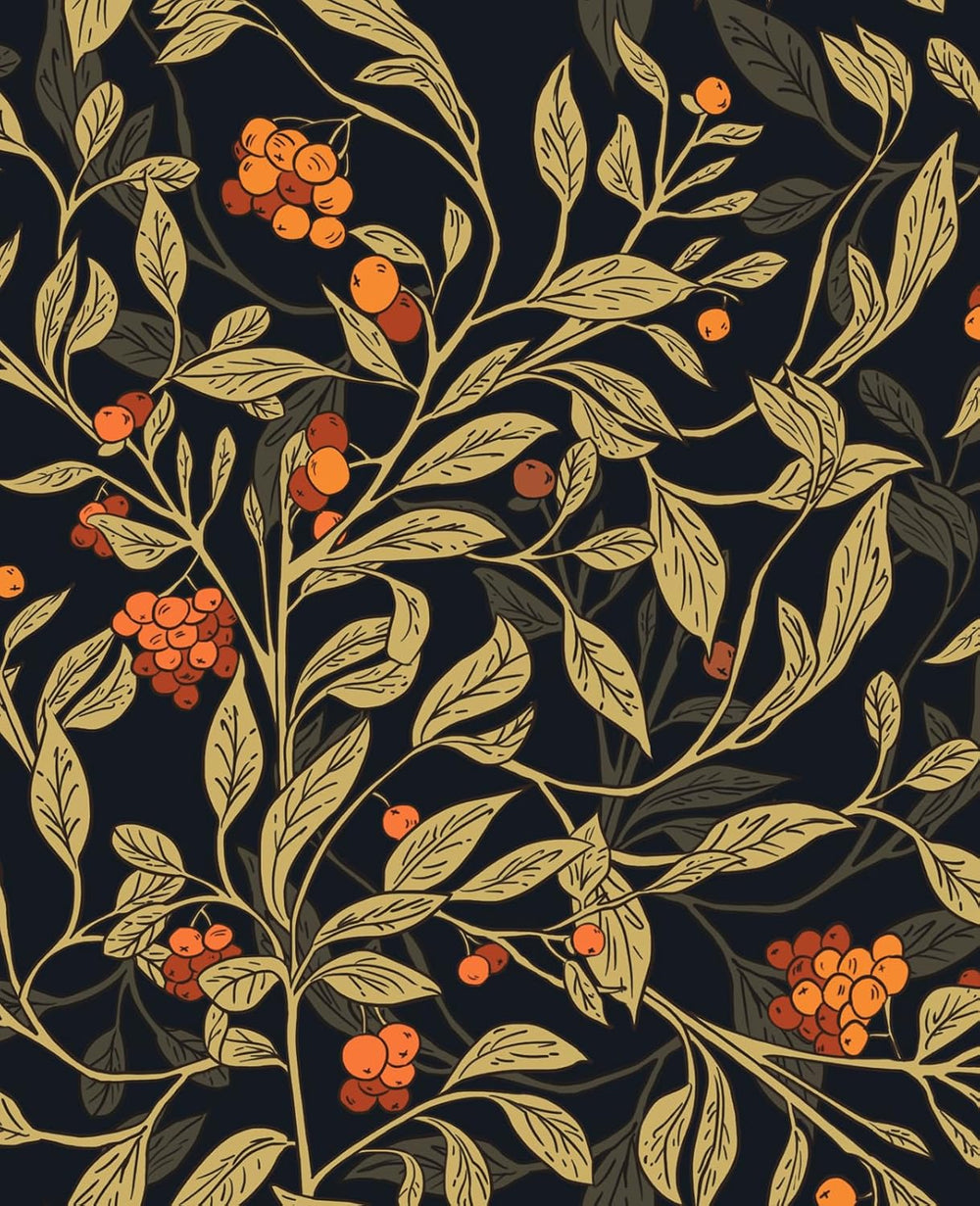 Black Vintage Leaves Berries Peel and Stick Wallpaper 17.5" x 393"