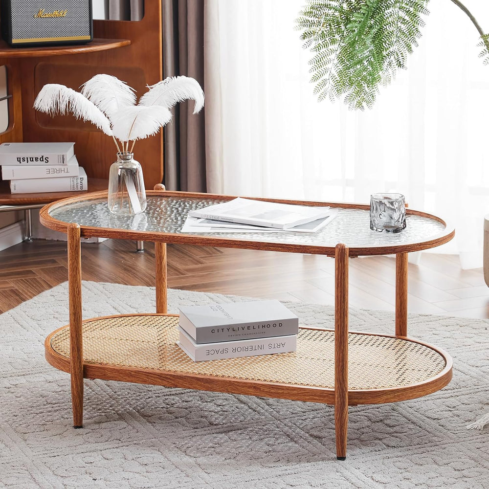 VINGLI 38" Oval Glass Coffee Table, Rattan Coffee Table, Natural Vibe