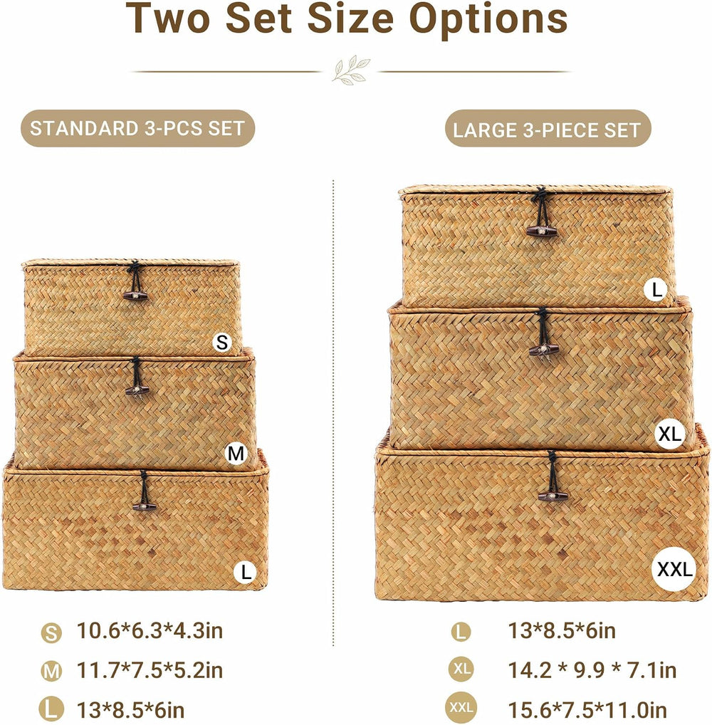 Nonam Wicker Storage Basket with Lid,Seagrass Shelf Basket Set of 3,Natural