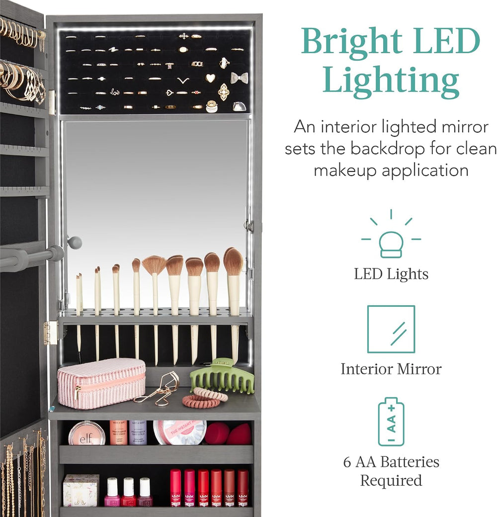 Best Choice Products LED Mirror Jewelry Cabinet, Tall Lockable Wall or Door M...