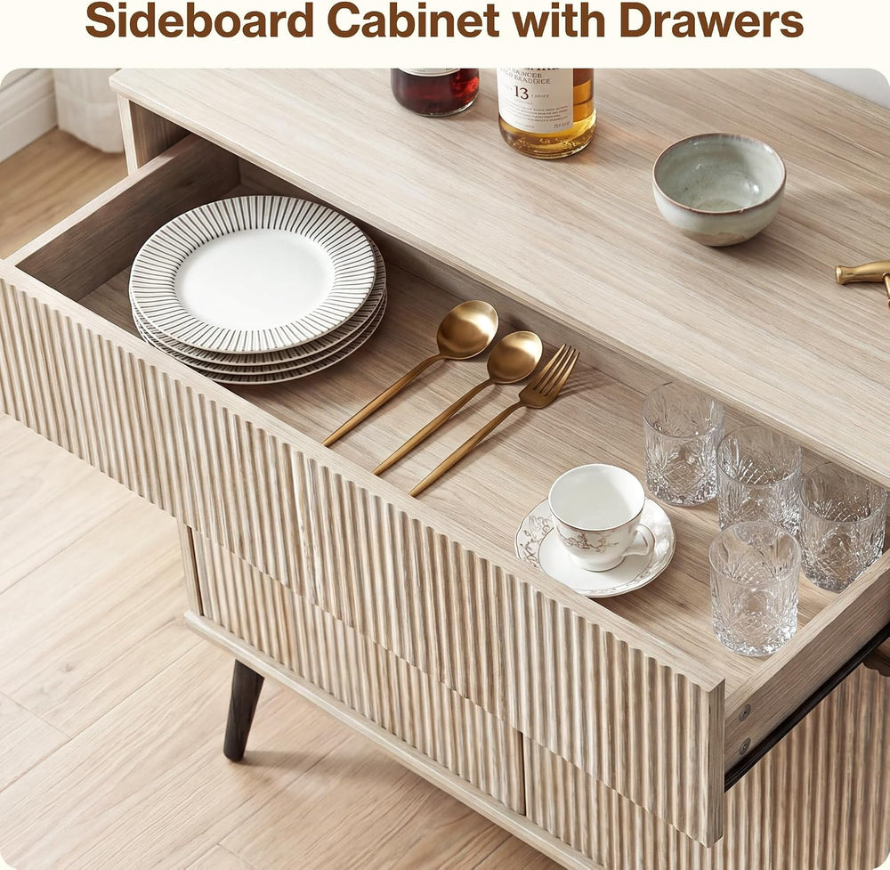 31" Small Fluted Sideboard Buffet Cabinet, Light Oak.