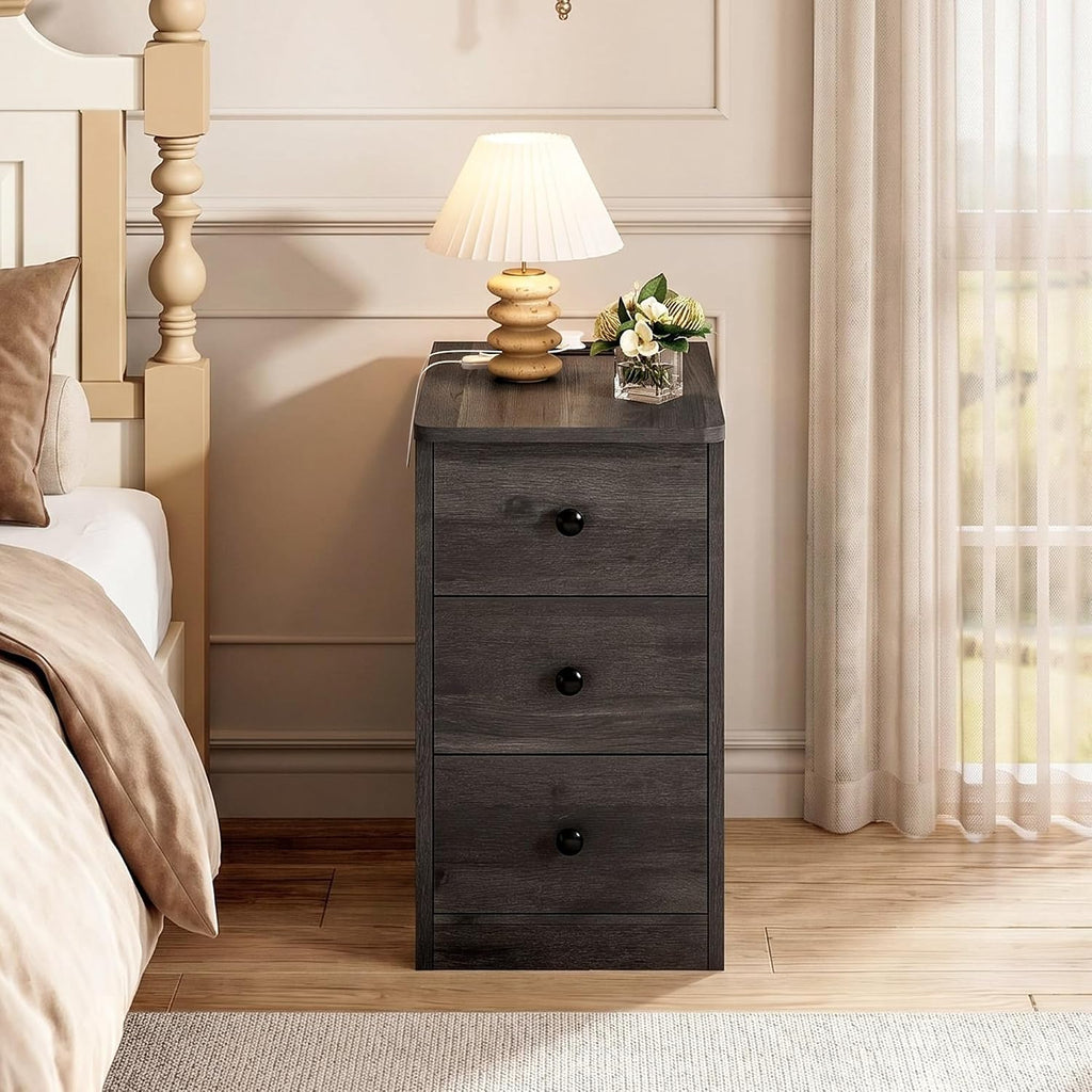 LIKIMIO Nightstand with Charging Station, 3 Drawers Modern for Bedroom