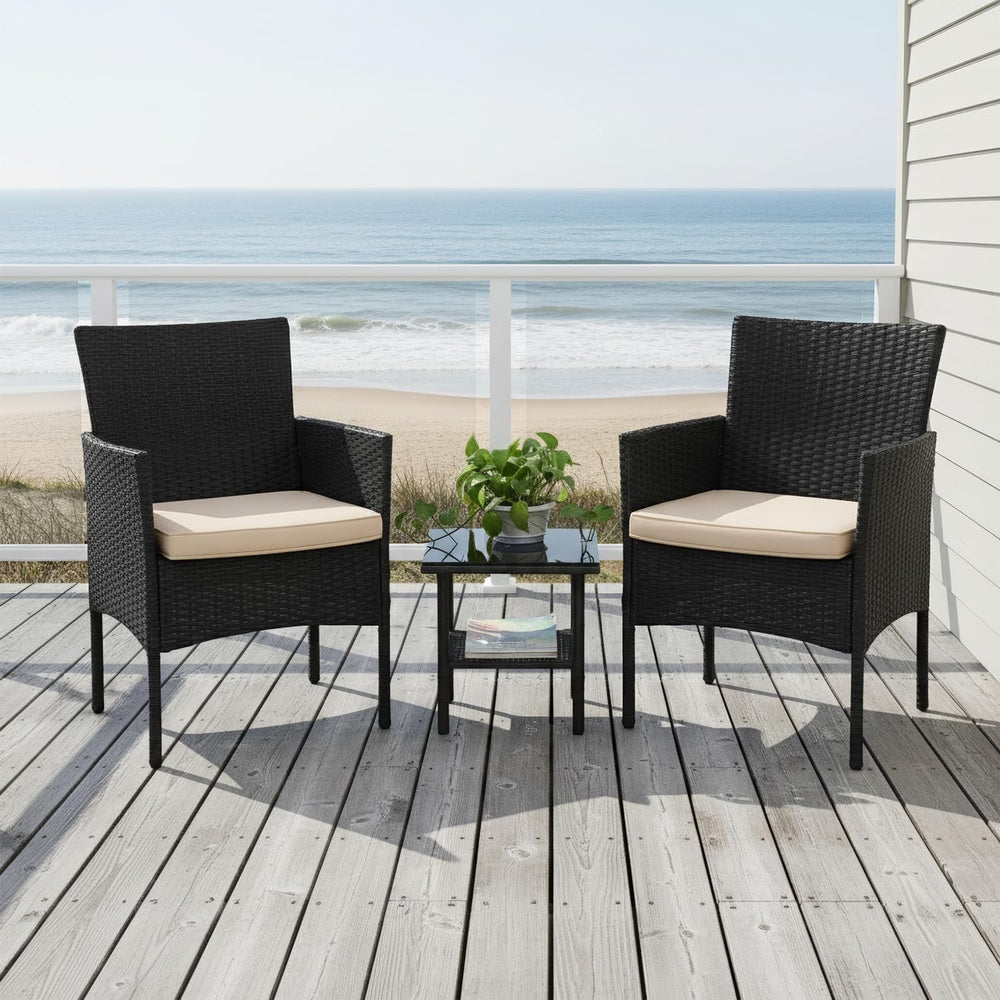 FDW 3-Piece Patio Furniture Set | Black & Khaki | Outdoor Wicker Furniture