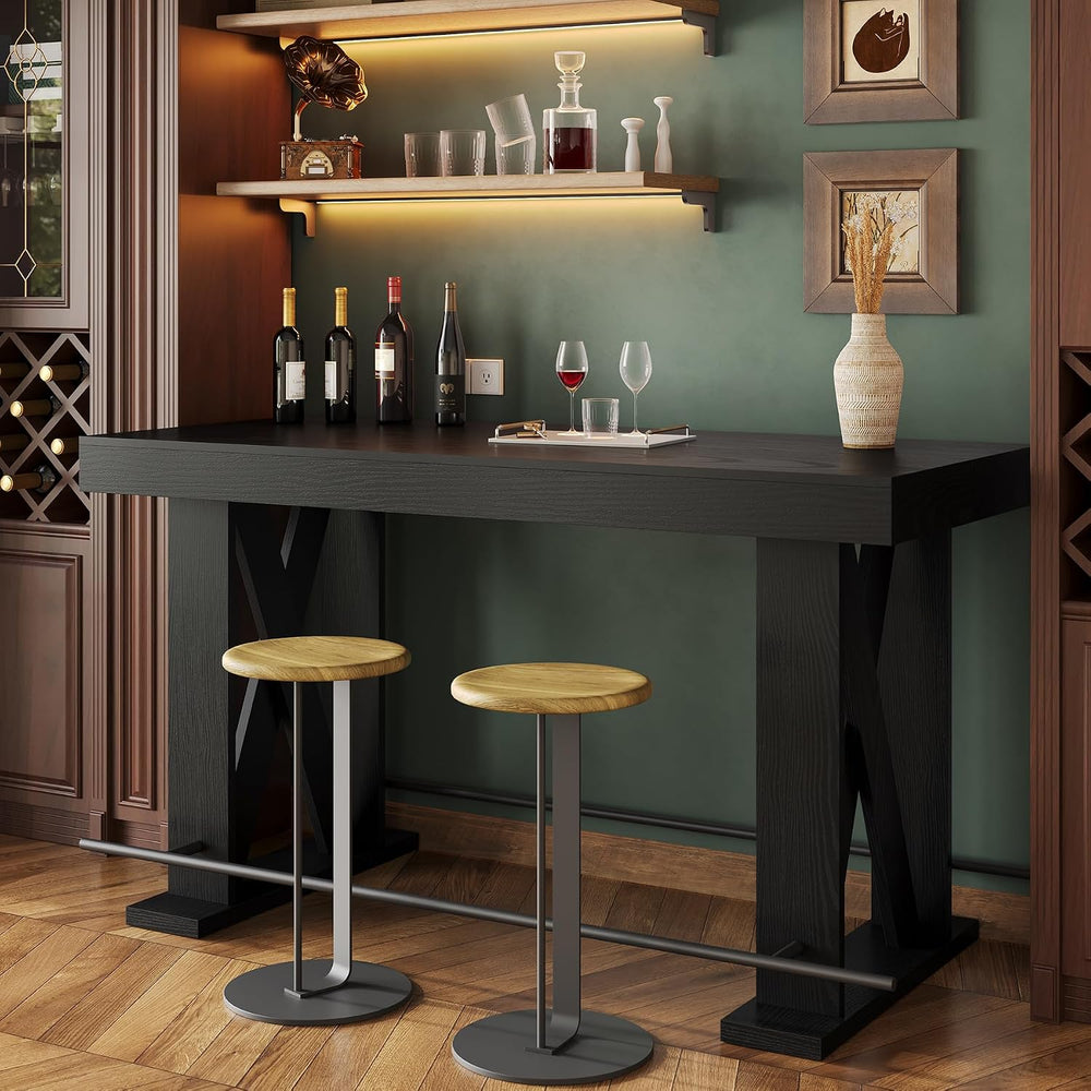 LITTLE TREE 63" Bar Table, Pub Table with Metal Footrest (Black,1)