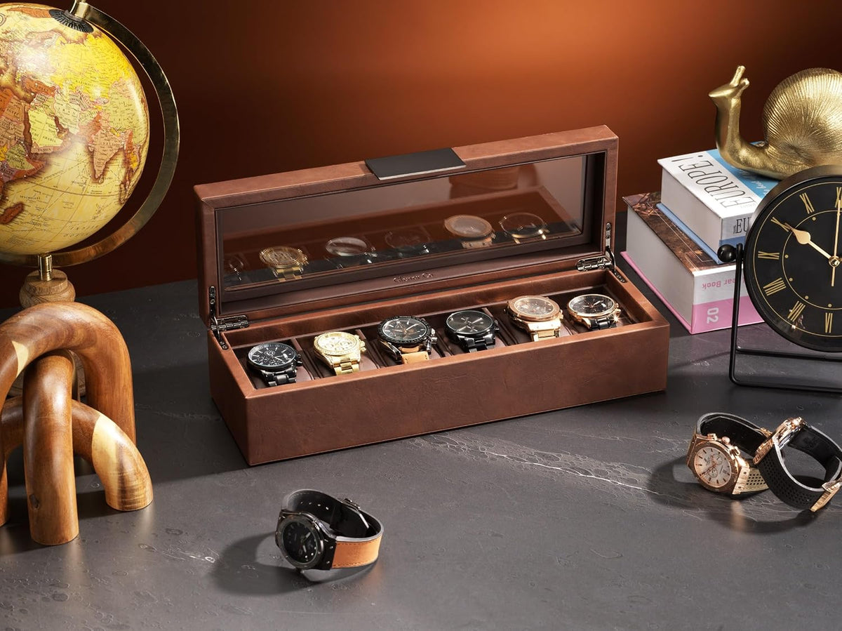 Glenor Co 6 Watch Box for Men - Mens Watch Case w Glass Lid – Luxury Mens Watch Box - Watch Holder for Men w Metal Accents & Sturdy Hinges - Modern & Masculine Watch Display Case Brown