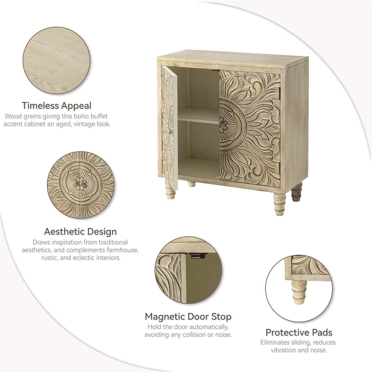 COZAYH Distressed Storage Cabinet with Carved Flower, Weathered White