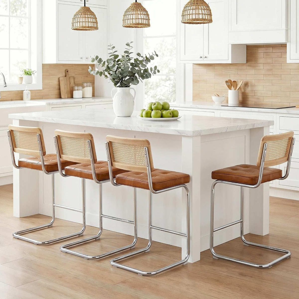 Zesthouse Natural Rattan Counter Stools Set of 3, 26" Modern Boho Barstools