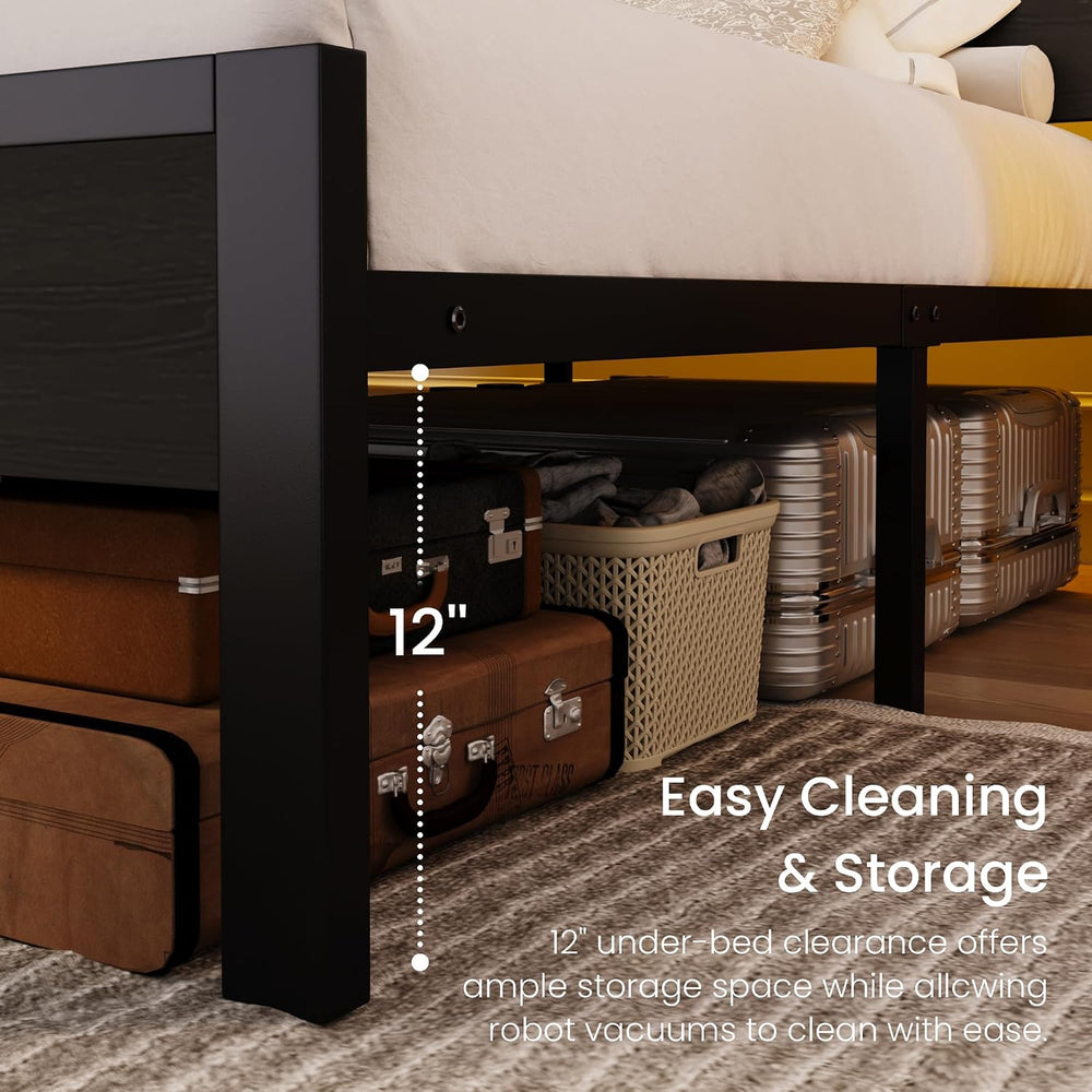 SHA CERLIN King Size Bed Frame, Led Light, Charging Station, Storage Shelf