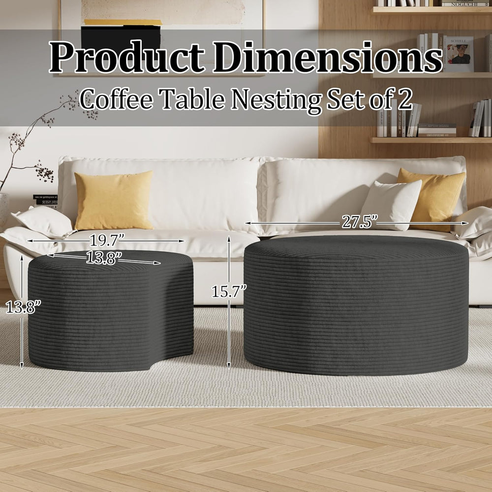 Round Nesting Coffee Table Set of 2,Upholstered Foam Ottoman Footrest Side Ta...