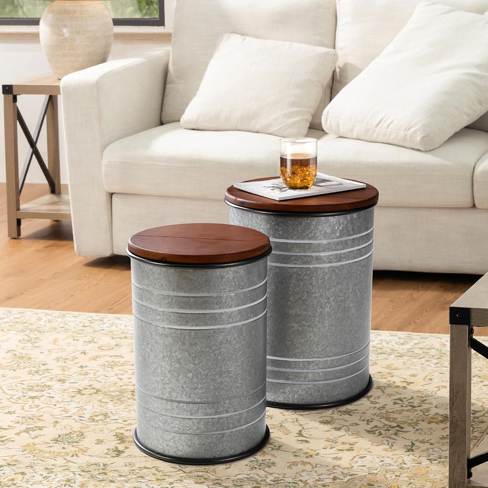 Glitzhome Farmhouse Accent Side Table, Metal Storage Stool Ottoman with Round...