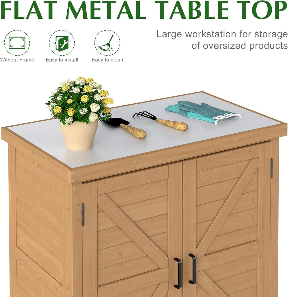 Outdoor Storage Cabinet & Potting Bench Table with Metal Top, Wooden Pati...