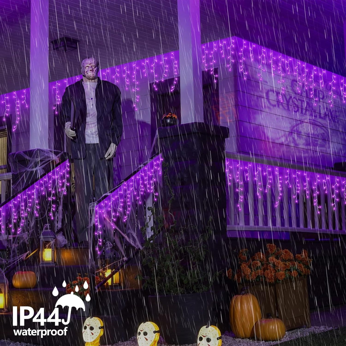 QITONG Purple Halloween Lights, 33ft 400 LED Icicle Lights for Outside Plug in, Clear Wire Connectable String Light Indoor with 8 Modes