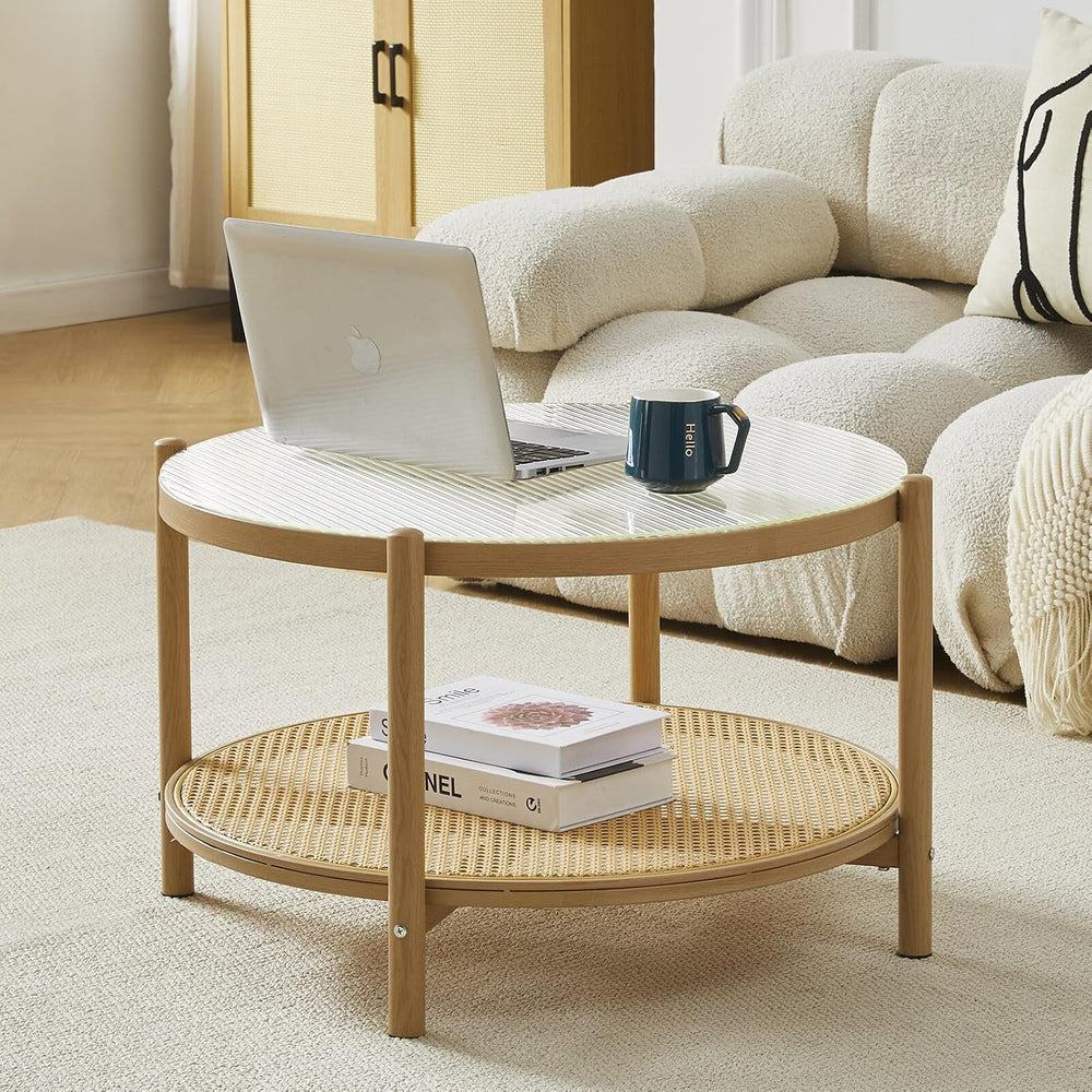 COSVALVE 27.5" Boho Rattan Coffee Table, Round Glass Metal Center Table
