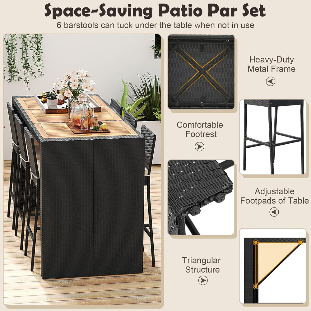 Tangkula 7 Piece Patio Wicker Bar Set, Patiojoy Outdoor Acacia Wood Bar Heigh...