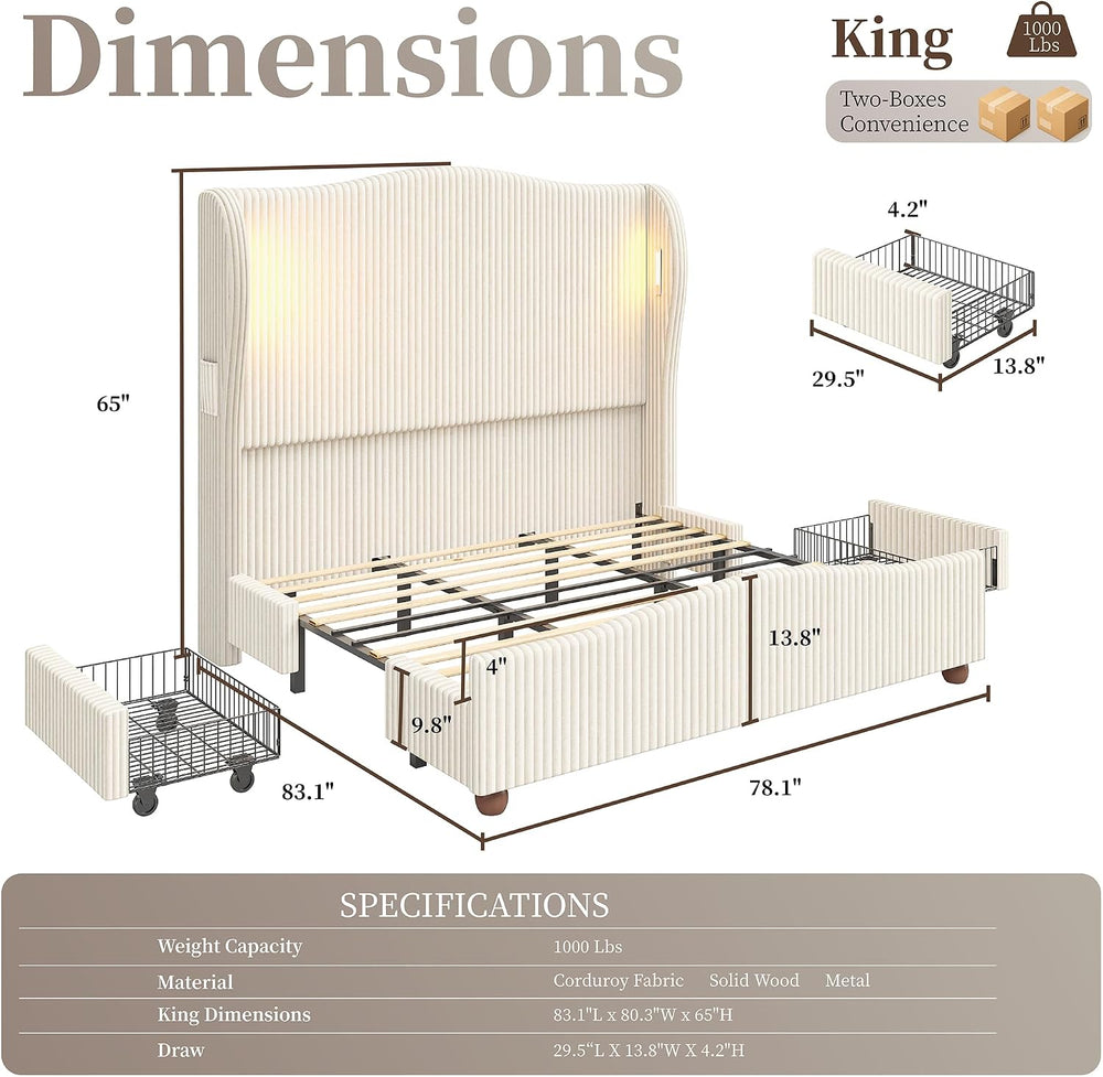 King Size 65" Tall Upholstered Bed with Drawers, USB & LED, Beige
