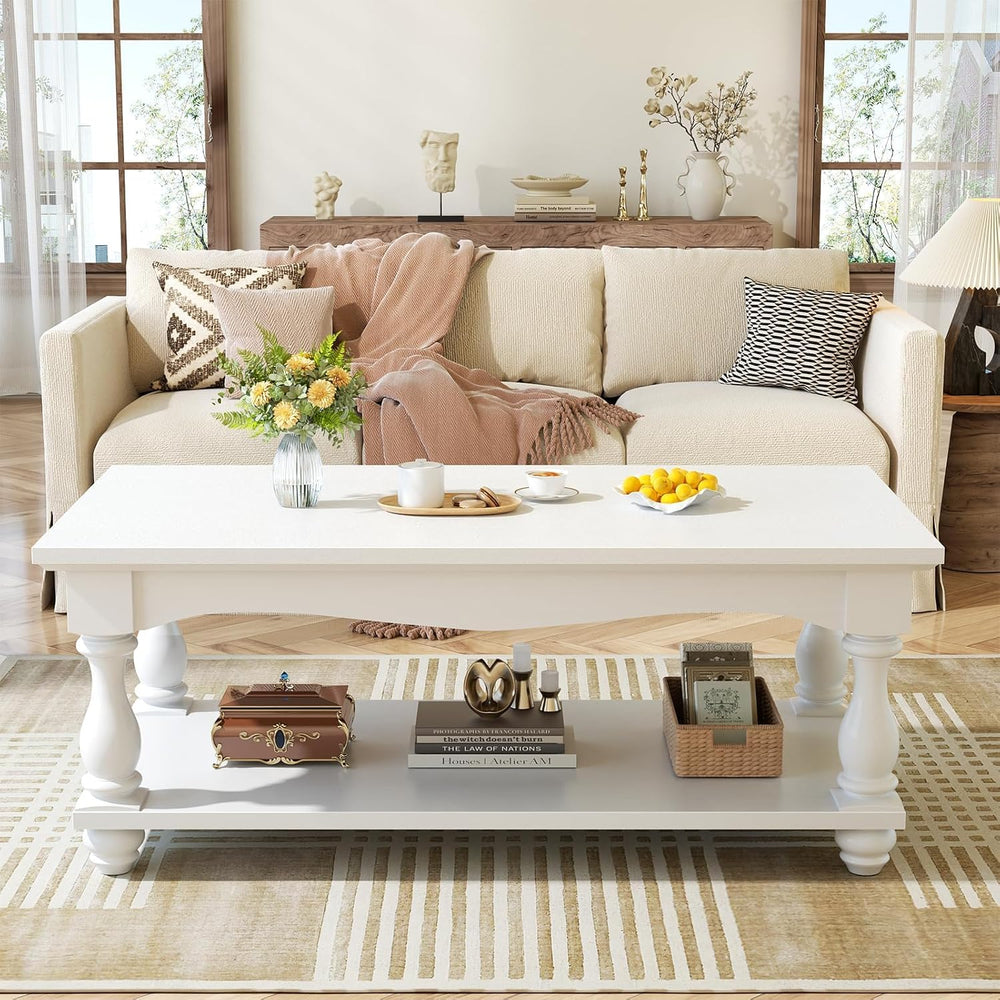 Besiost 47" Farmhouse Coffee Table with 2-Tier Storage, White