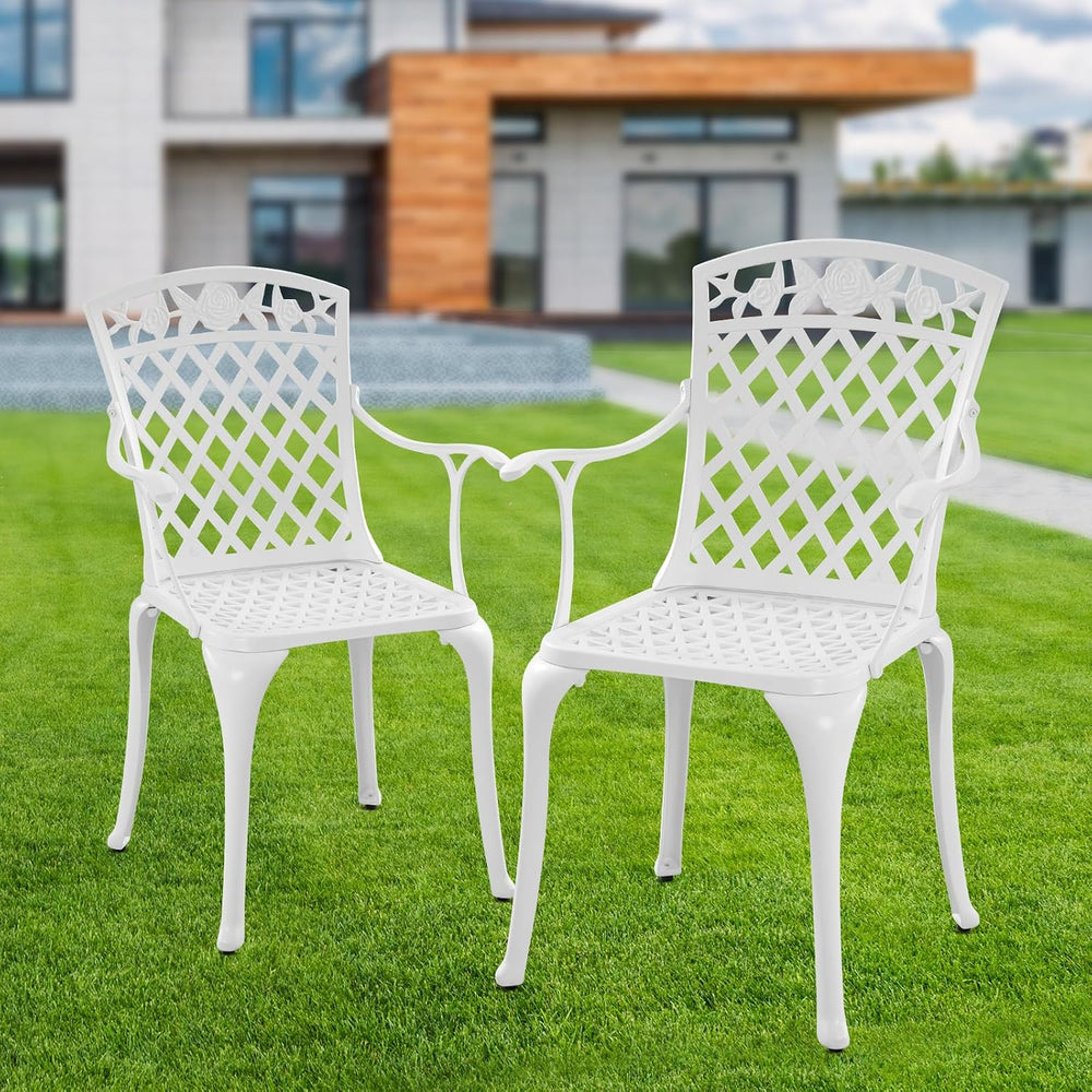 Outdoor White Cast Aluminum Arm Chair, Set of 2 Patio Dining Chairs, All-Weat...