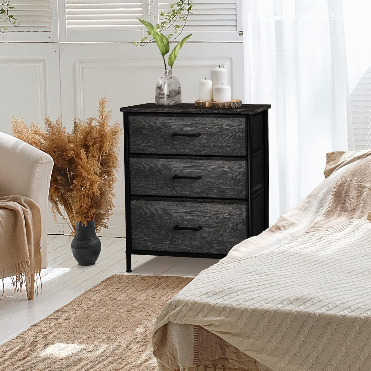 sorbus nightstand for bedroom (3 multi-sized drawers, gray, close-up detail